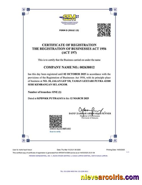 Malaysia certificate of registration